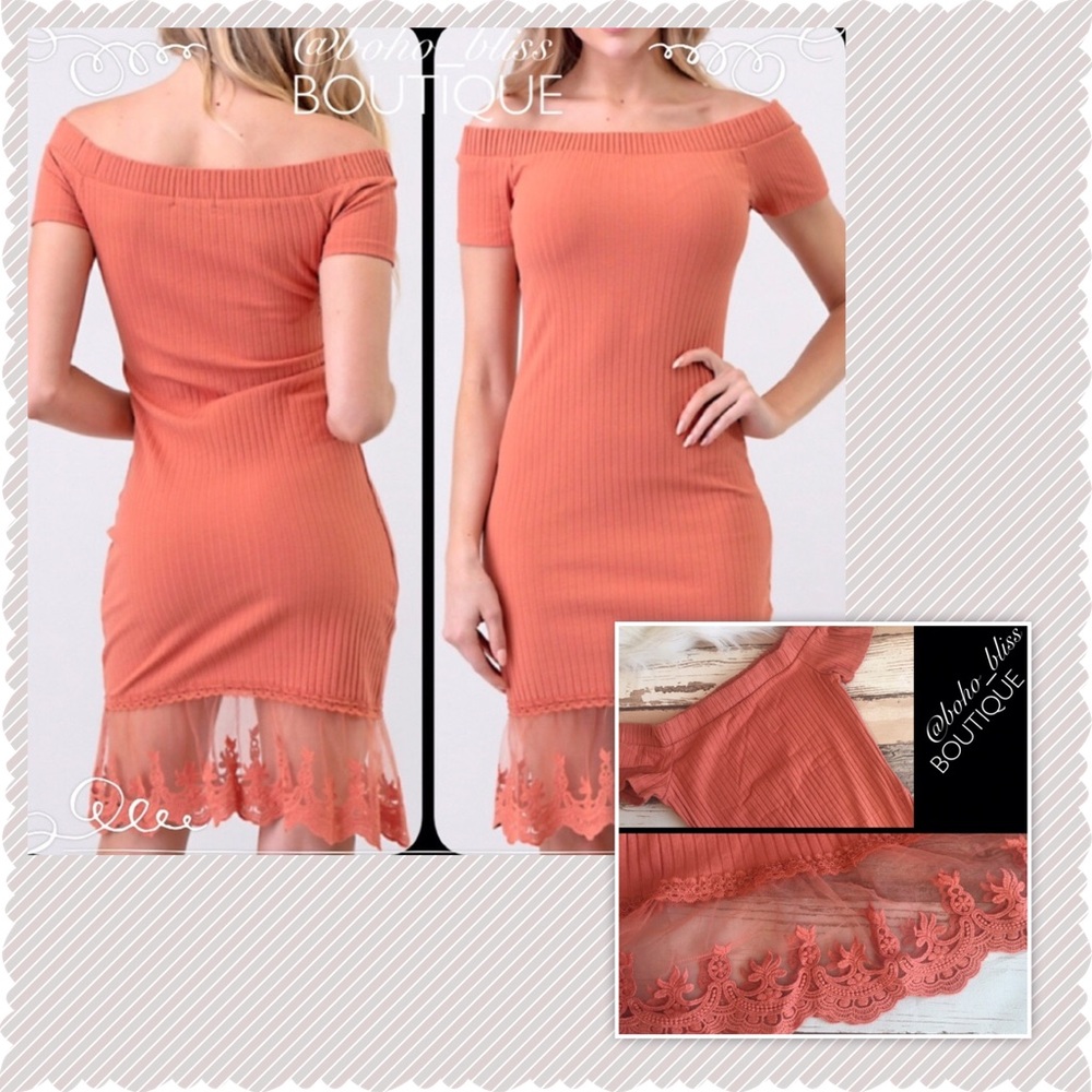 🍑Lace Trim Off Shoulder Ribbed Stretch Dress NWT